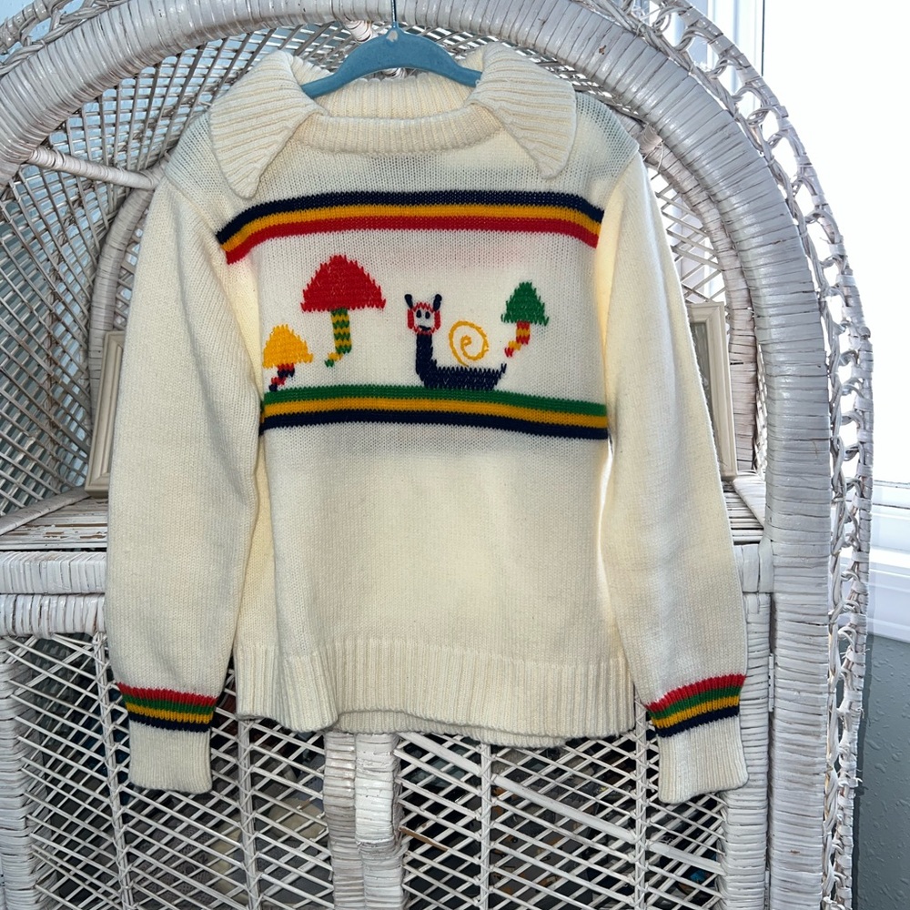 Whimsical vintage Cream Sweater with Snail and Mushroom Design